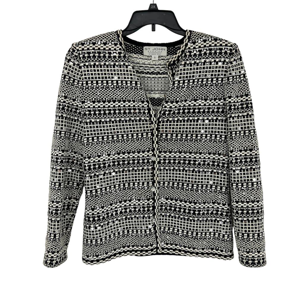 St John Evening Black White Sparkle Glamorous Button Up Cardi Coat Jacket Small